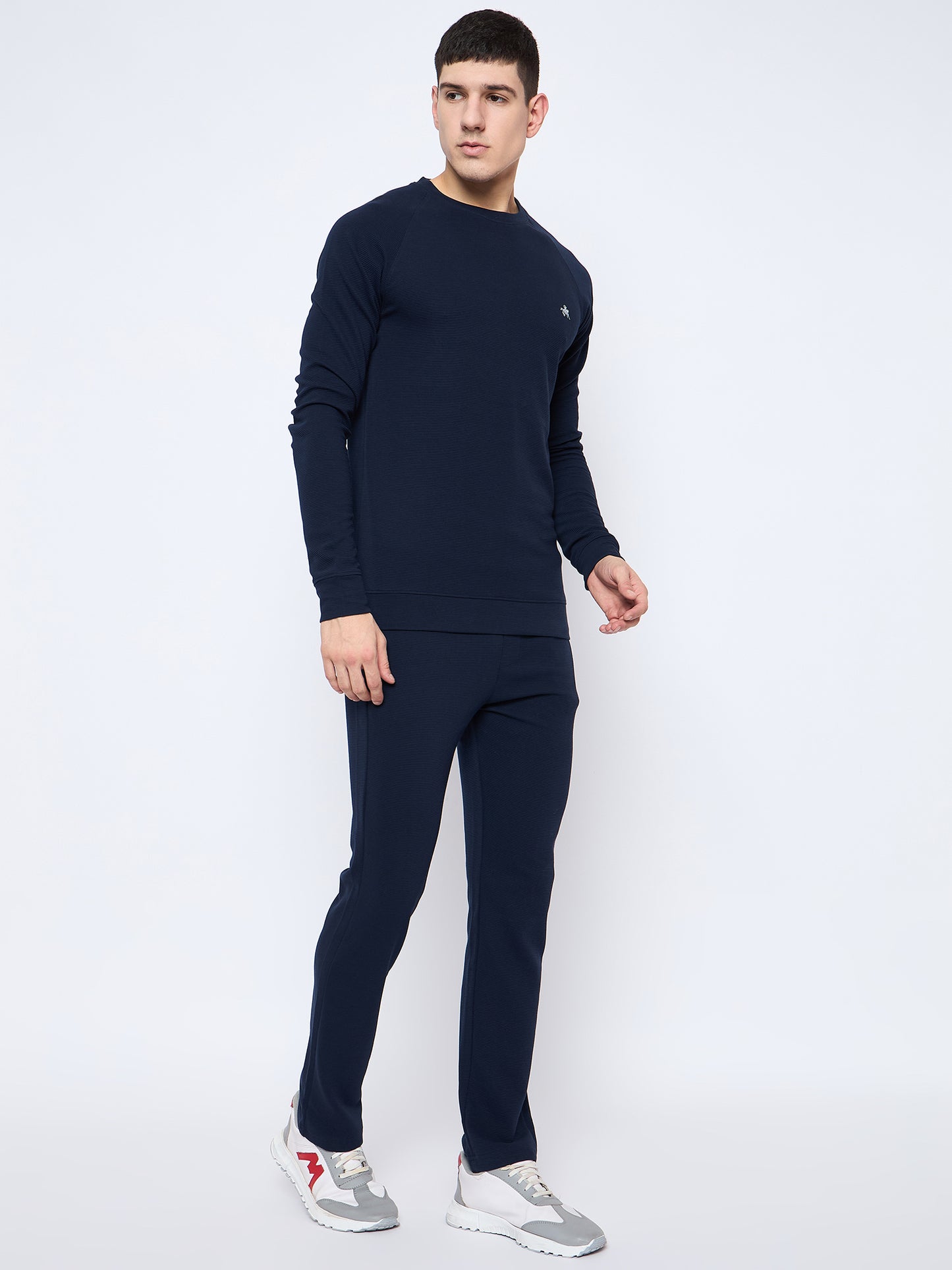 Men's Navy Self Design Round Neck Track Suit