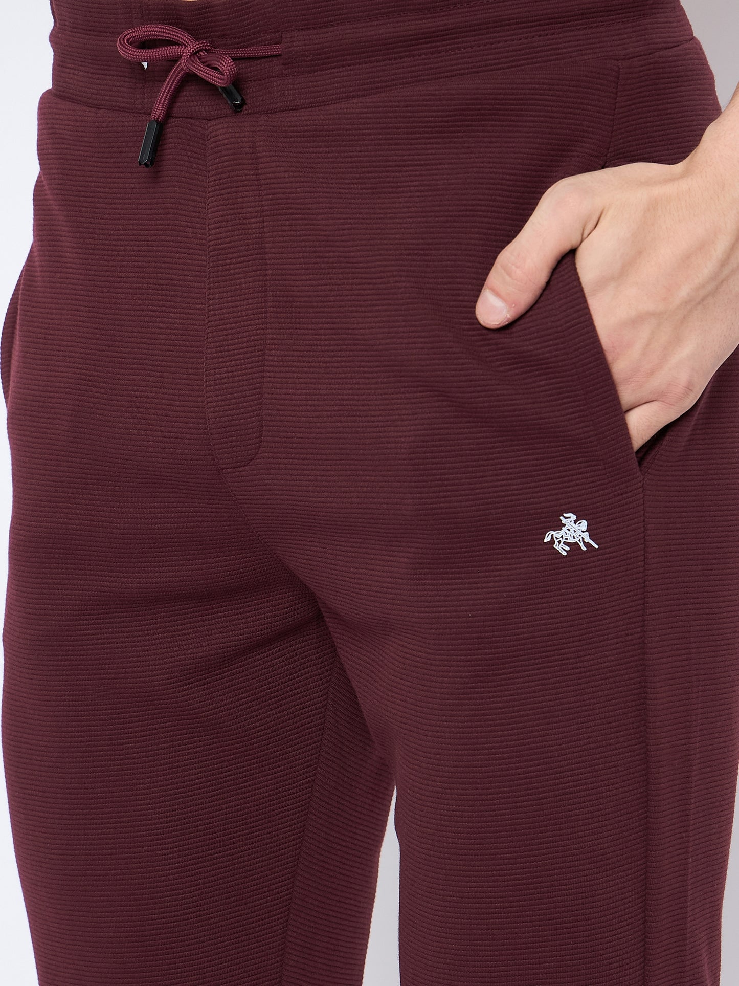 Men's Wine Self Design Round Neck Track Suit