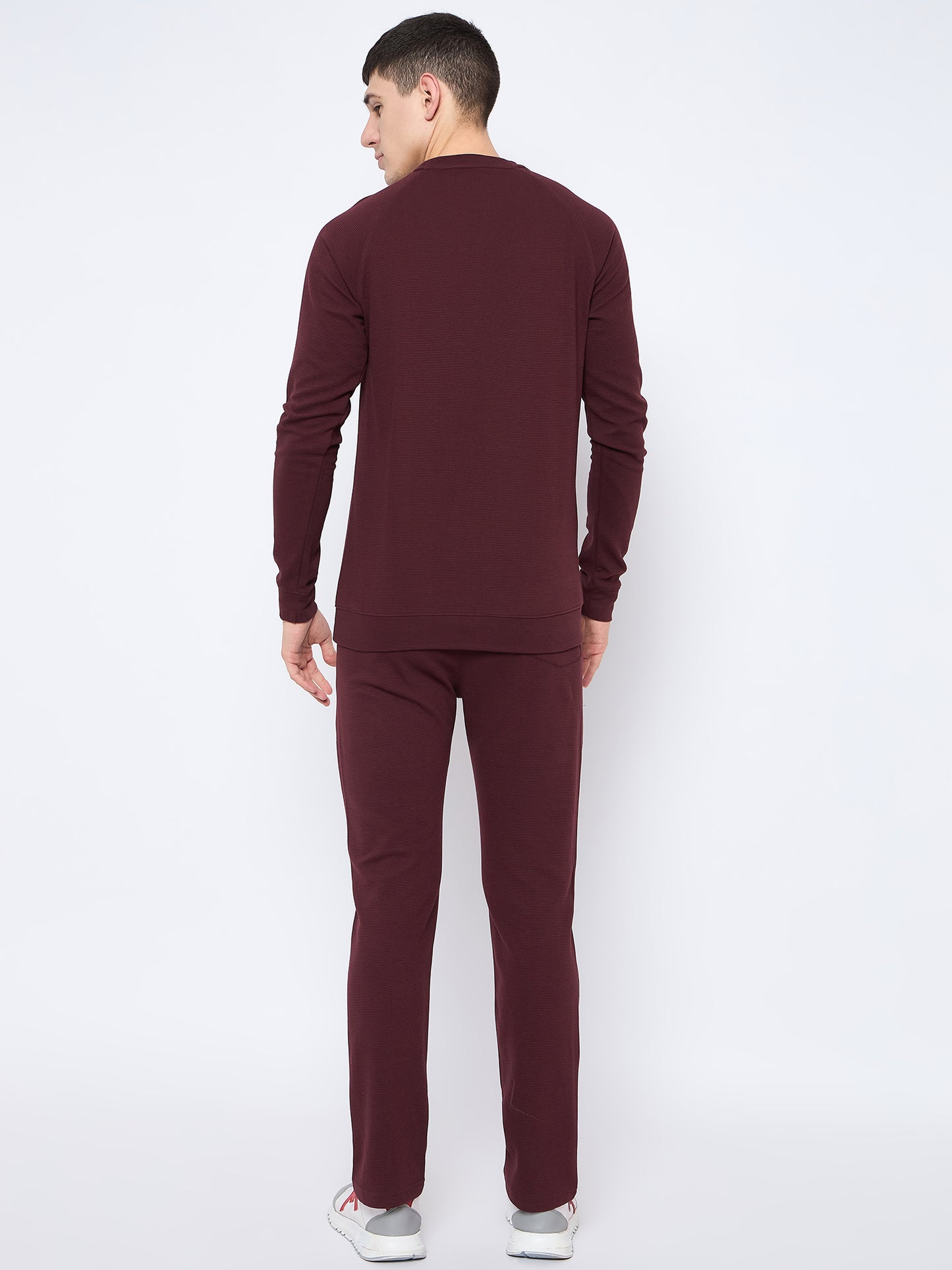 Men's Wine Self Design Round Neck Track Suit