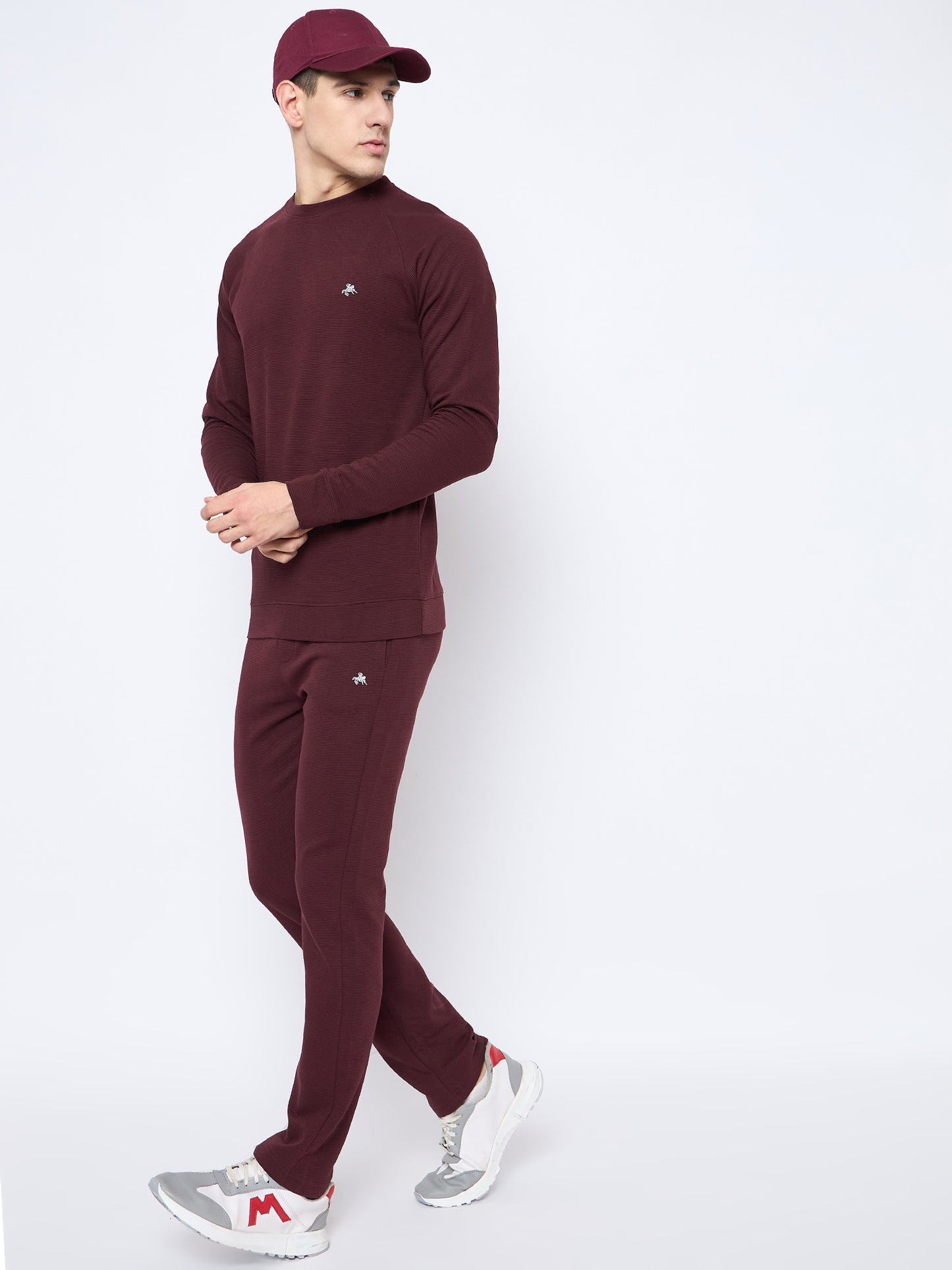 Men's Wine Self Design Round Neck Track Suit