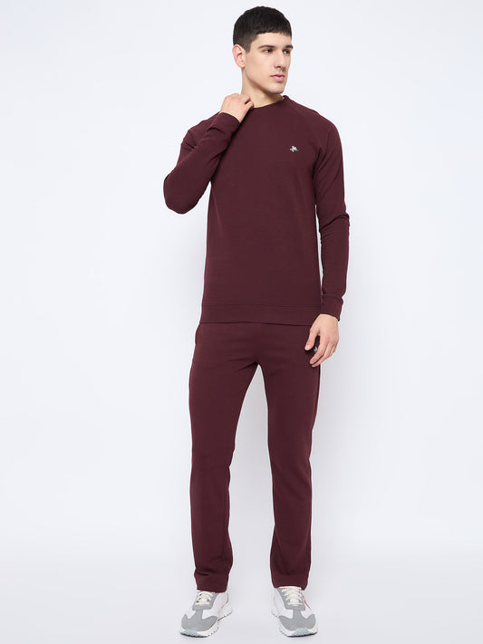 Men's Wine Self Design Round Neck Track Suit