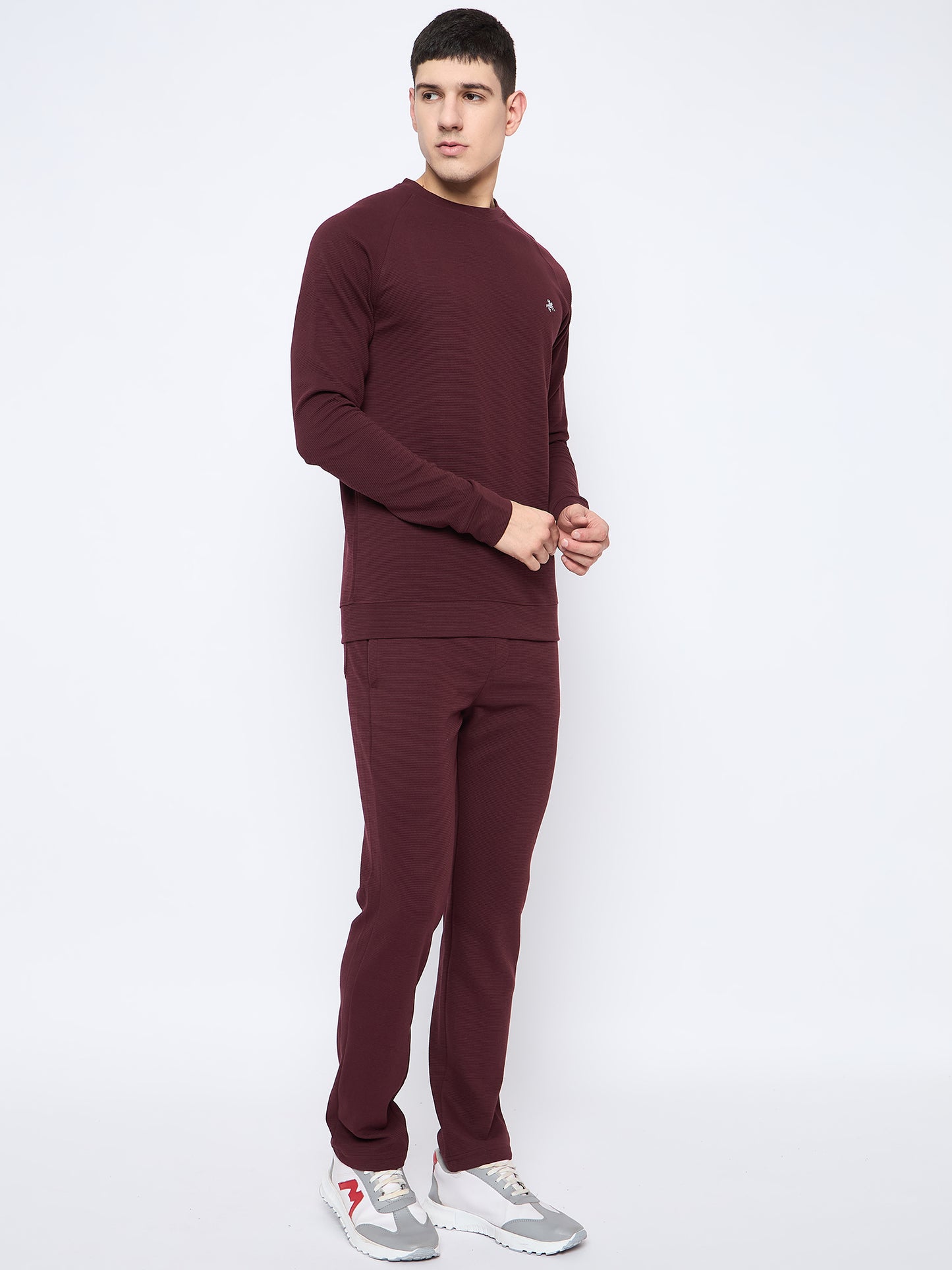 Men's Wine Self Design Round Neck Track Suit