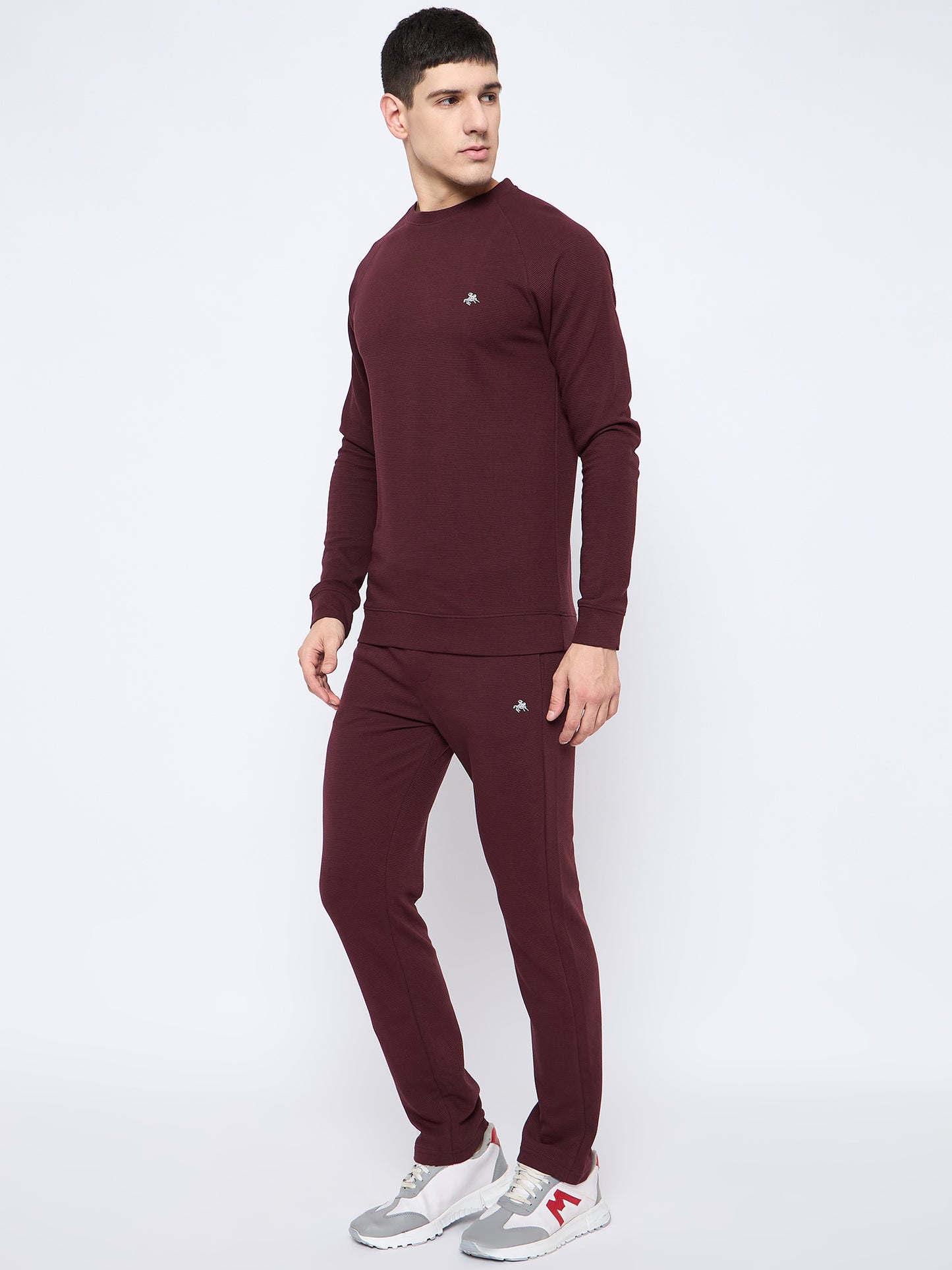 Men's Wine Self Design Round Neck Track Suit