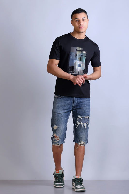 Men's Black Printed Round Neck Sweatshirt