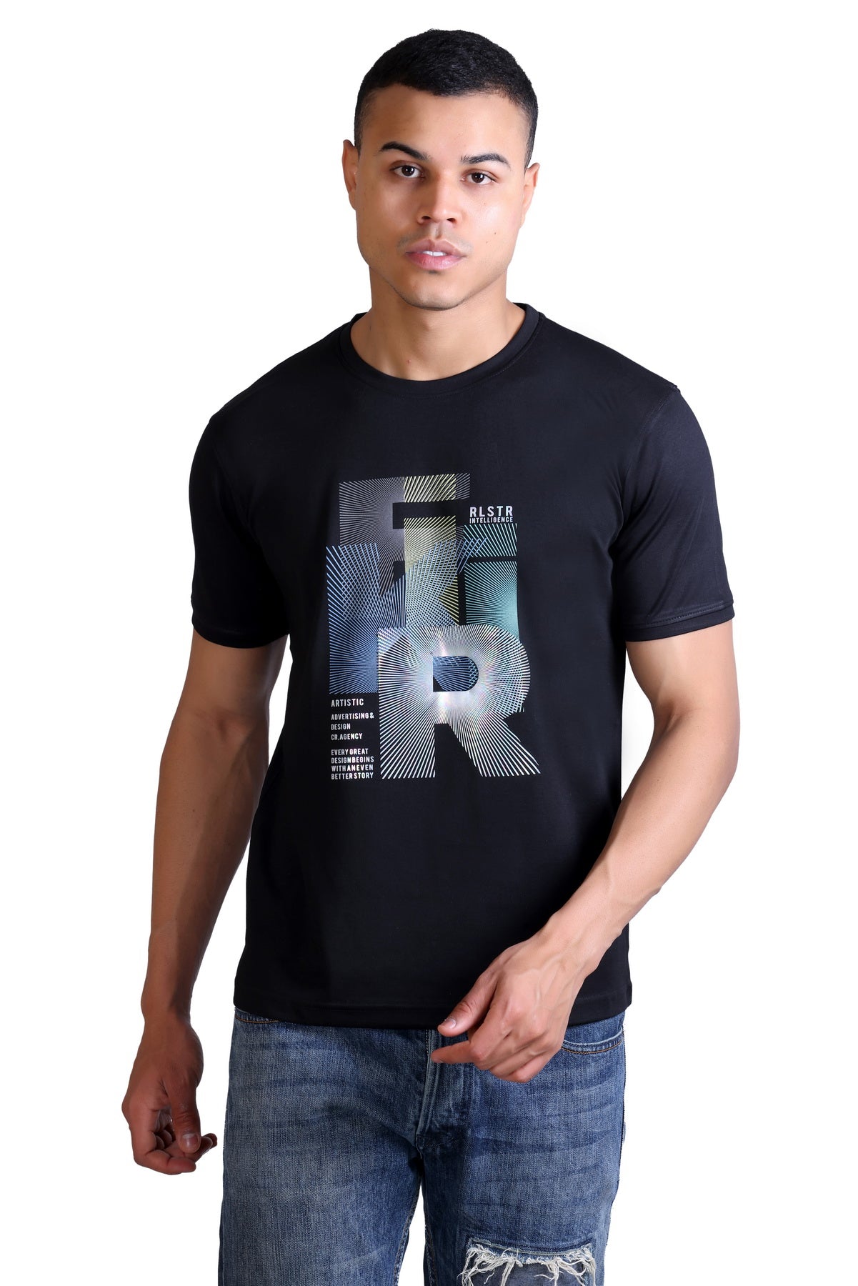 Men's Black Printed Round Neck Sweatshirt