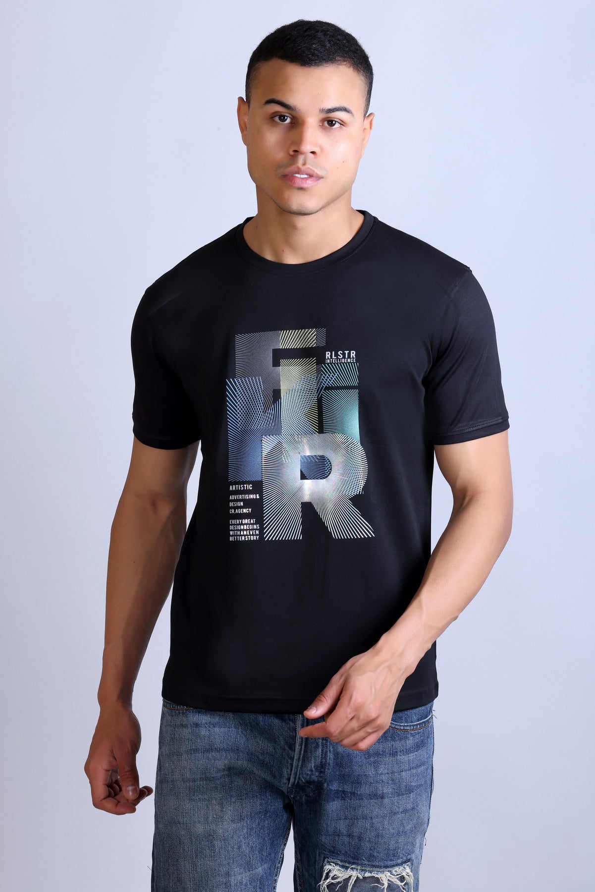 Men's Black Printed Round Neck Sweatshirt