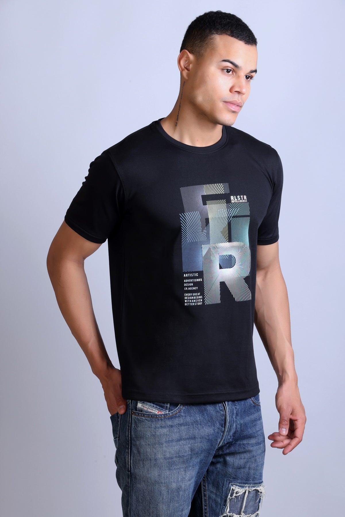 Men's Black Printed Round Neck Sweatshirt