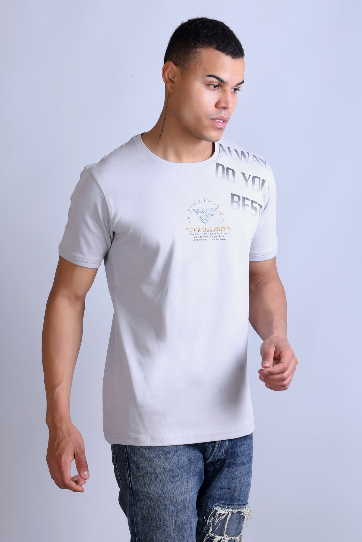 Men's White Printed Round Neck T-Shirt