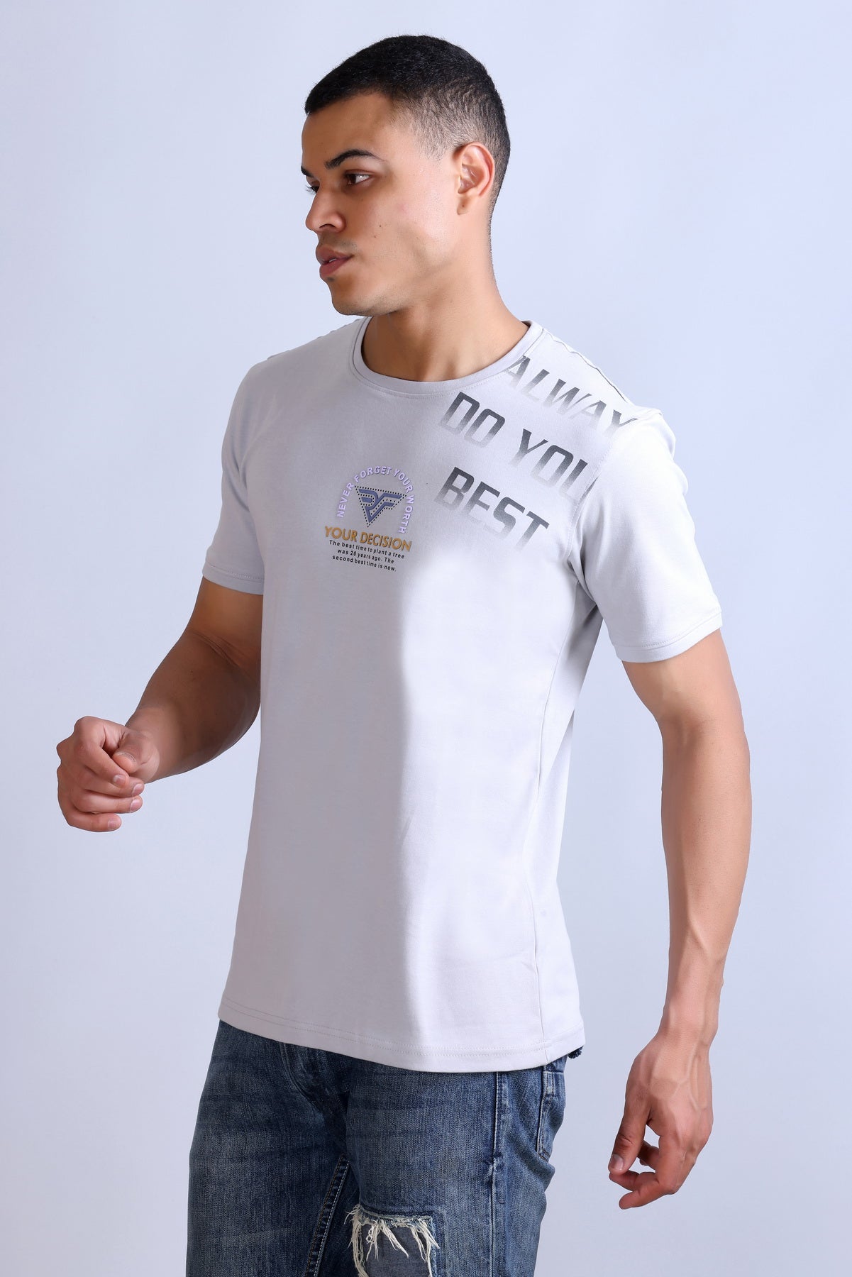 Men's White Printed Round Neck T-Shirt