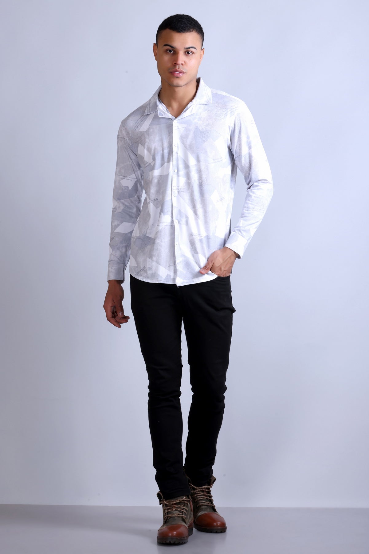 Men's Grey White Printed Shirt