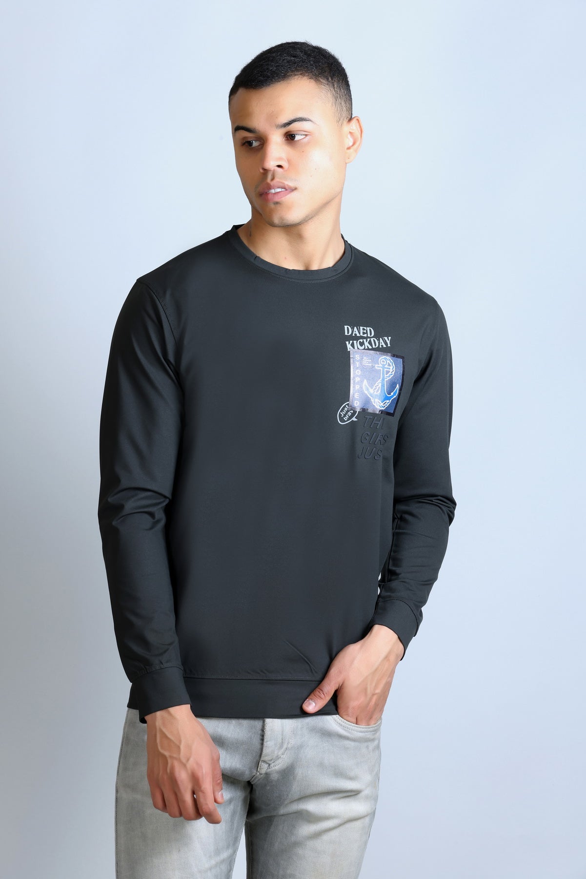 Men's Navy Blue Printed Round Neck Sweatshirt