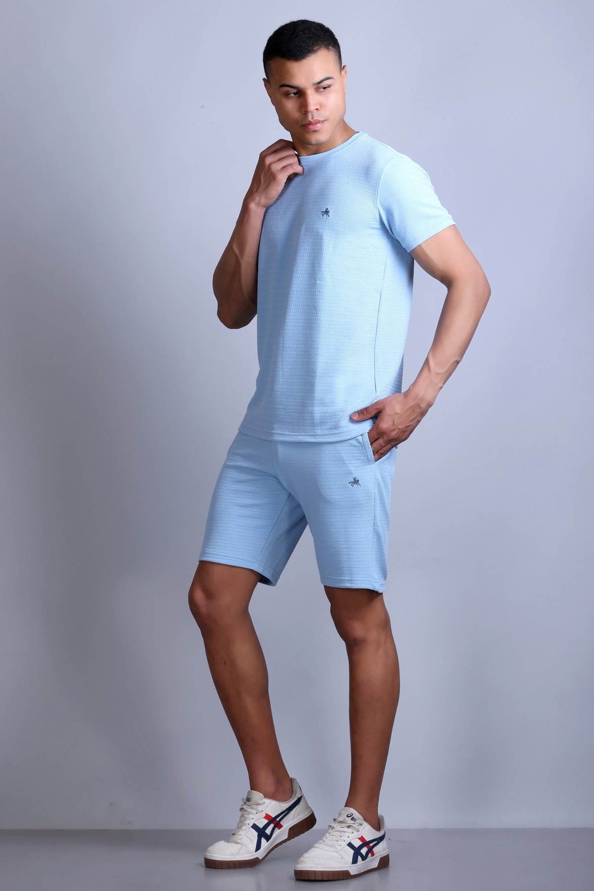 Men Solid Sky Blue Cotton Regular Fit Coord Set