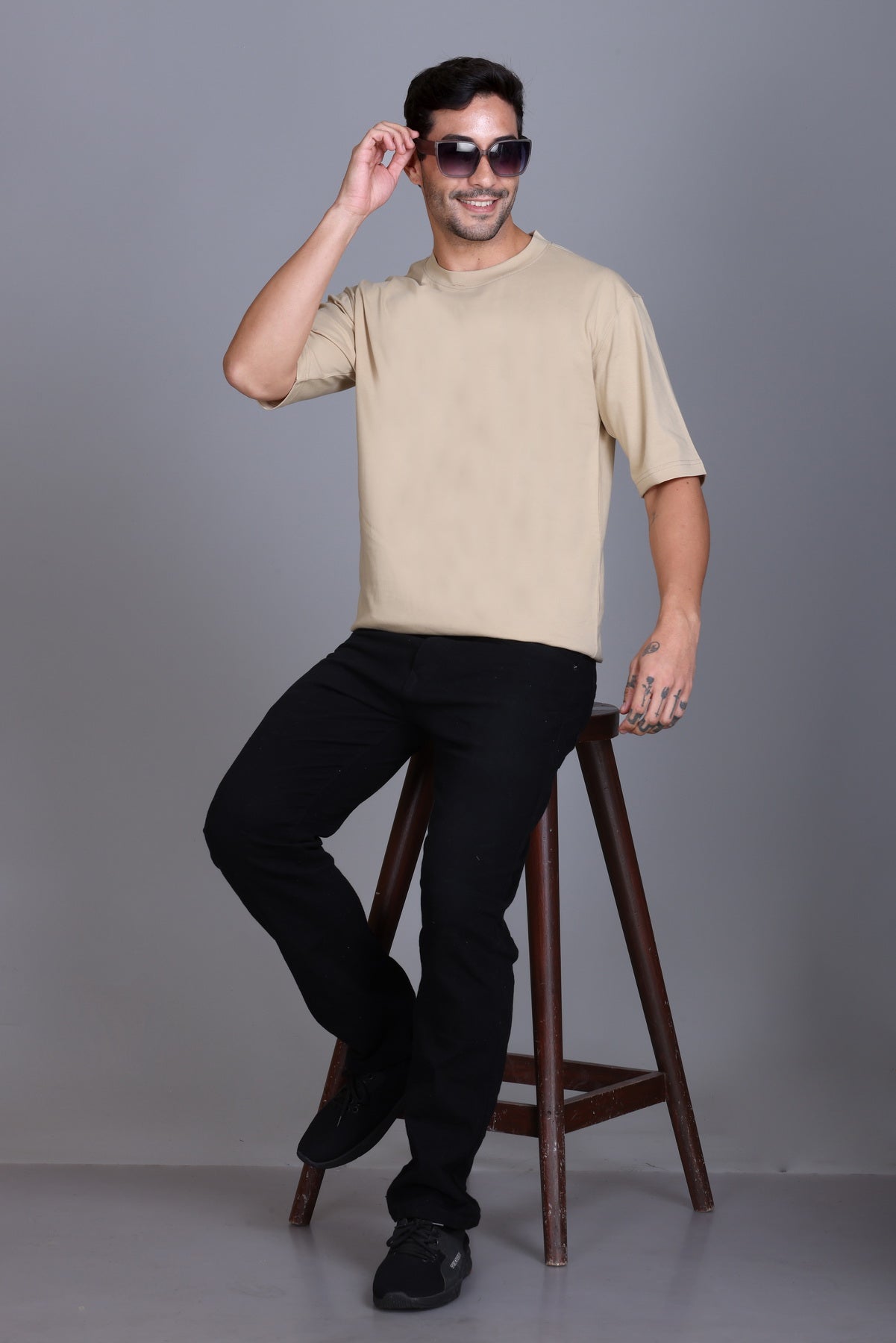 Men's Beige Oversize Round Neck T-Shirt
