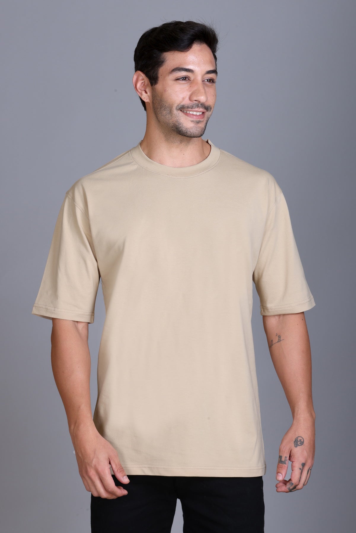 Men's Beige Oversize Round Neck T-Shirt