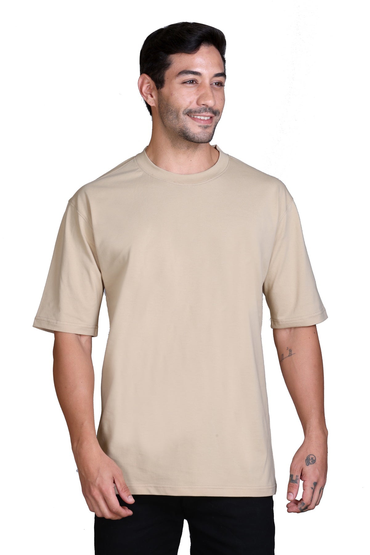 Men's Beige Oversize Round Neck T-Shirt