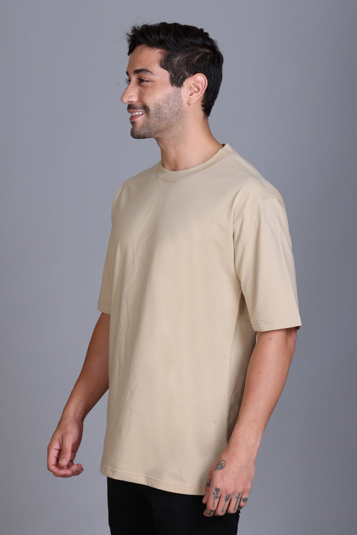 Men's Beige Oversize Round Neck T-Shirt