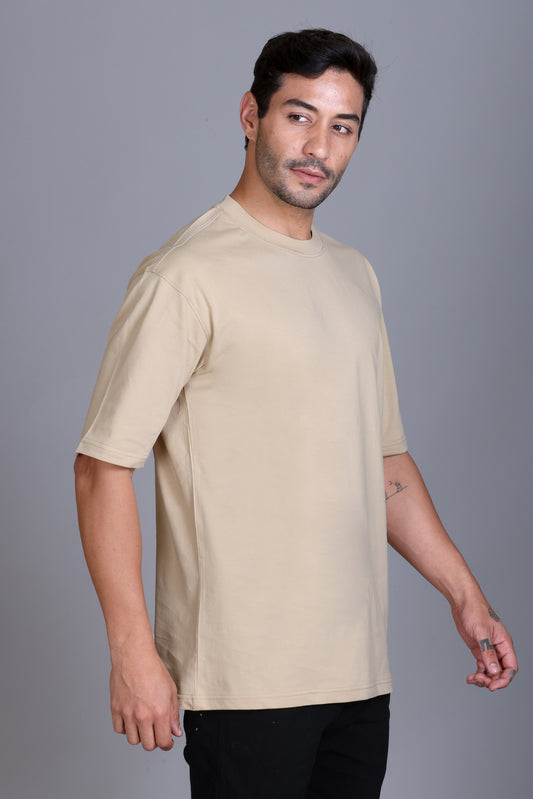 Men's Beige Oversize Round Neck T-Shirt