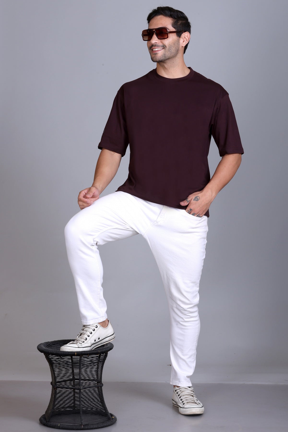 Men's Wine Oversize Round Neck T-Shirt
