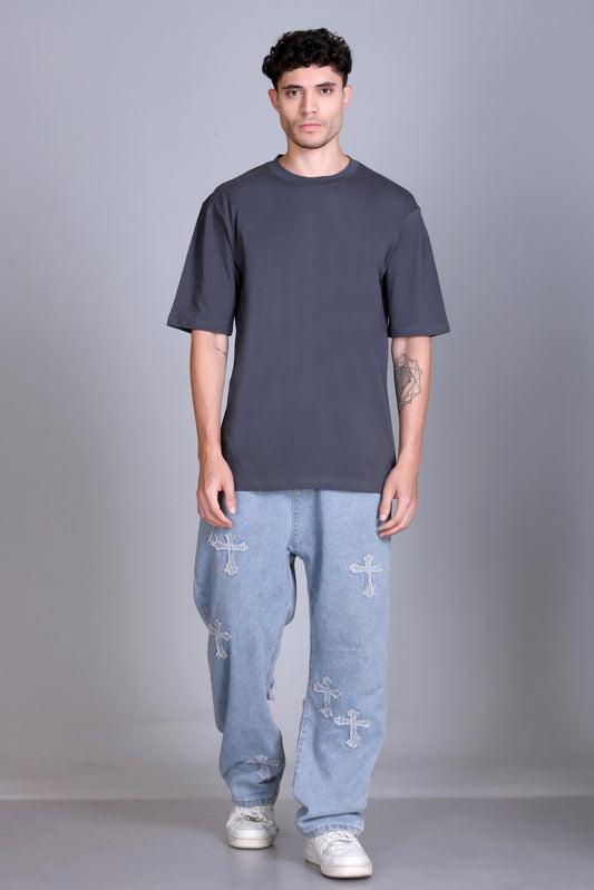 Men's Dark Grey Oversize Round Neck T-Shirt