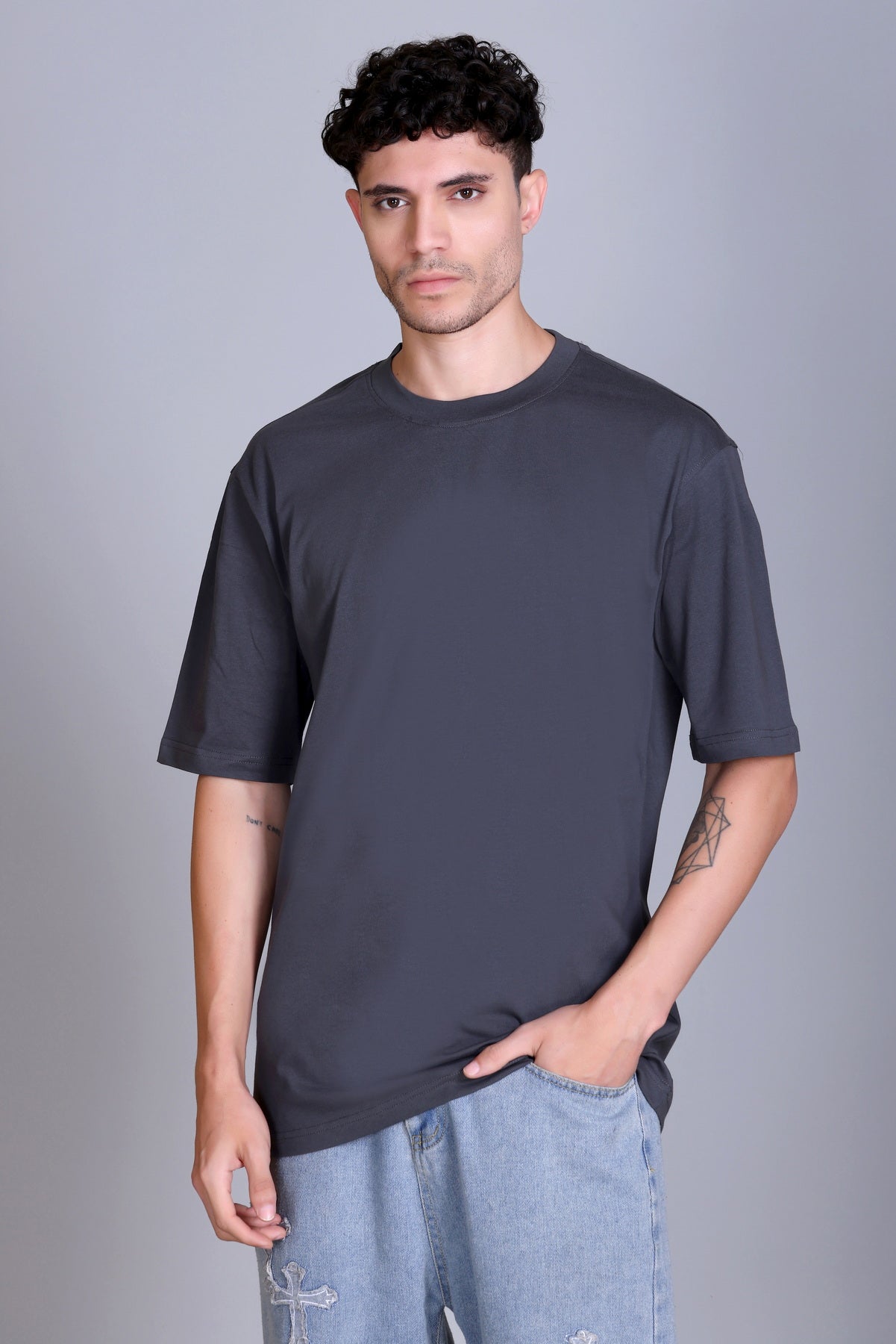 Men's Dark Grey Oversize Round Neck T-Shirt