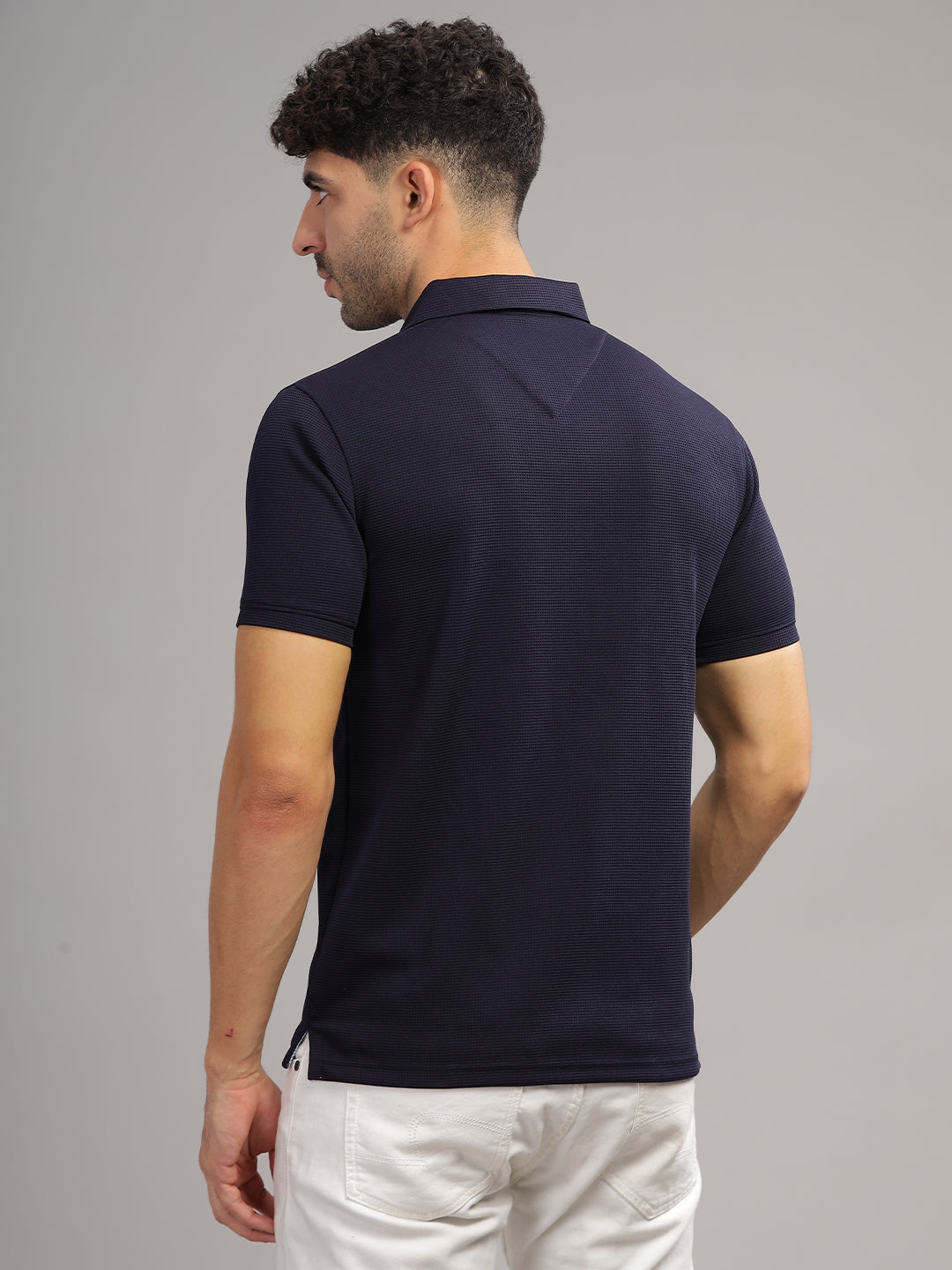 Men's Navy Self Design Polo Neck T-Shirt