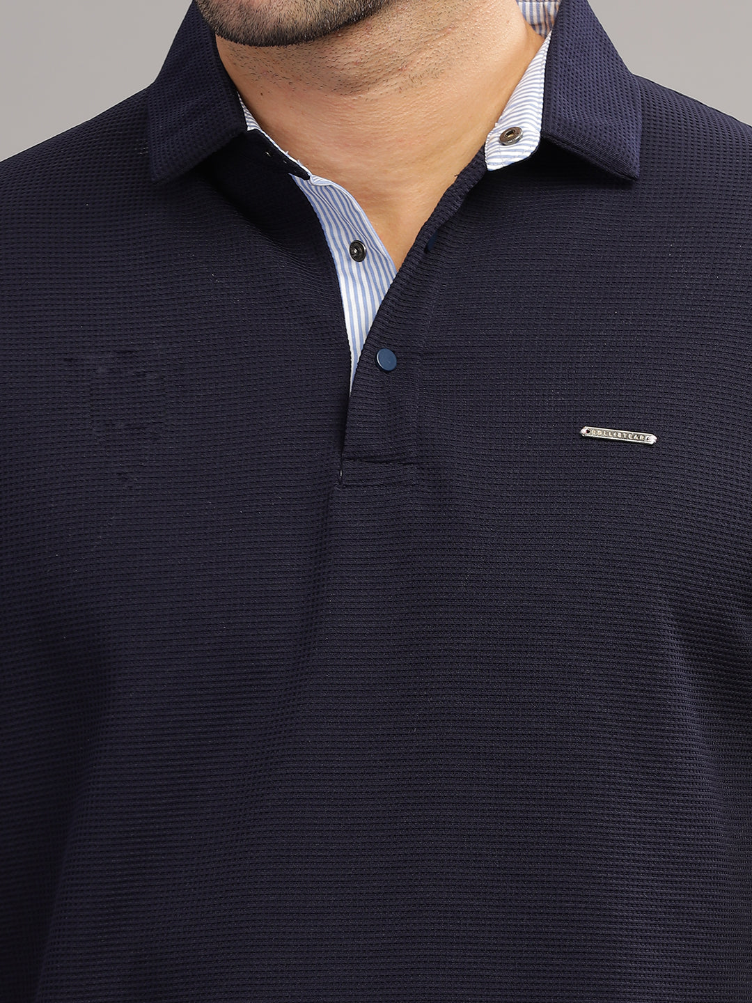 Men's Navy Self Design Polo Neck T-Shirt