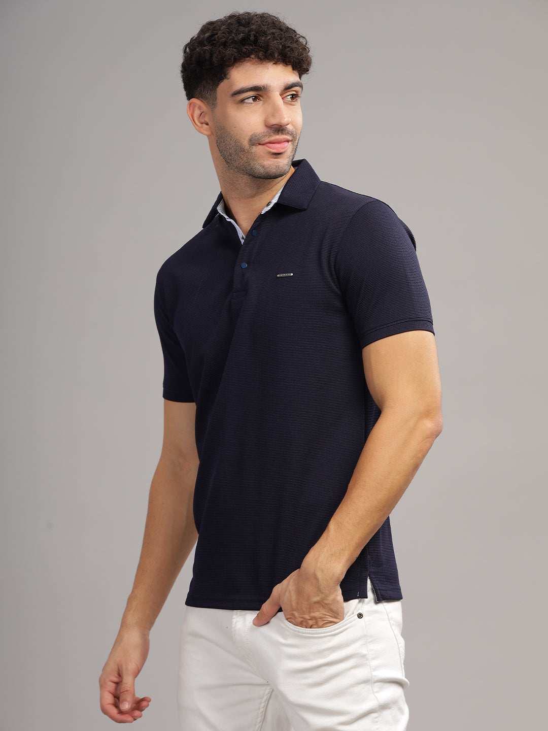 Men's Navy Self Design Polo Neck T-Shirt