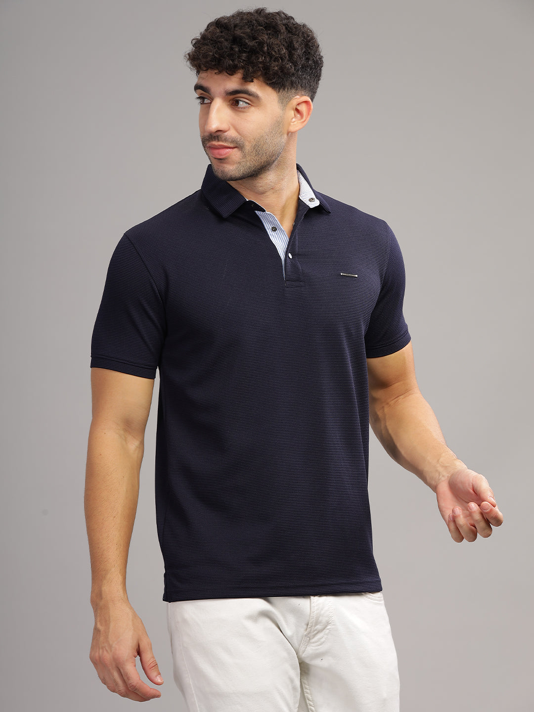 Men's Navy Self Design Polo Neck T-Shirt