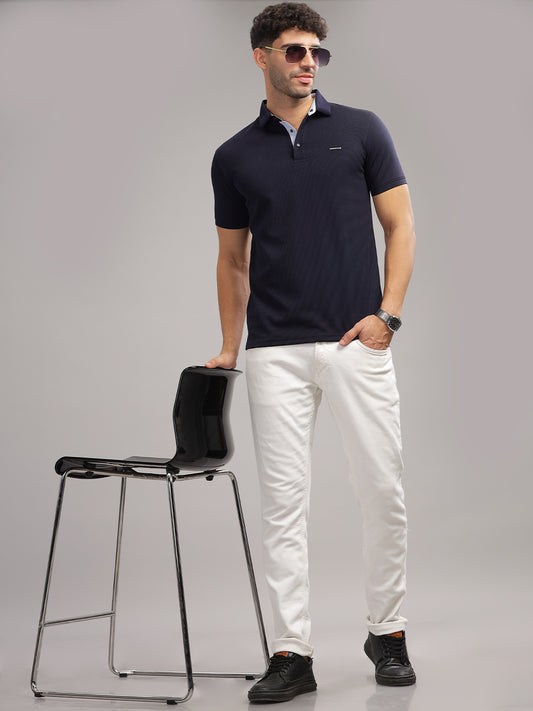 Men's Navy Self Design Polo Neck T-Shirt