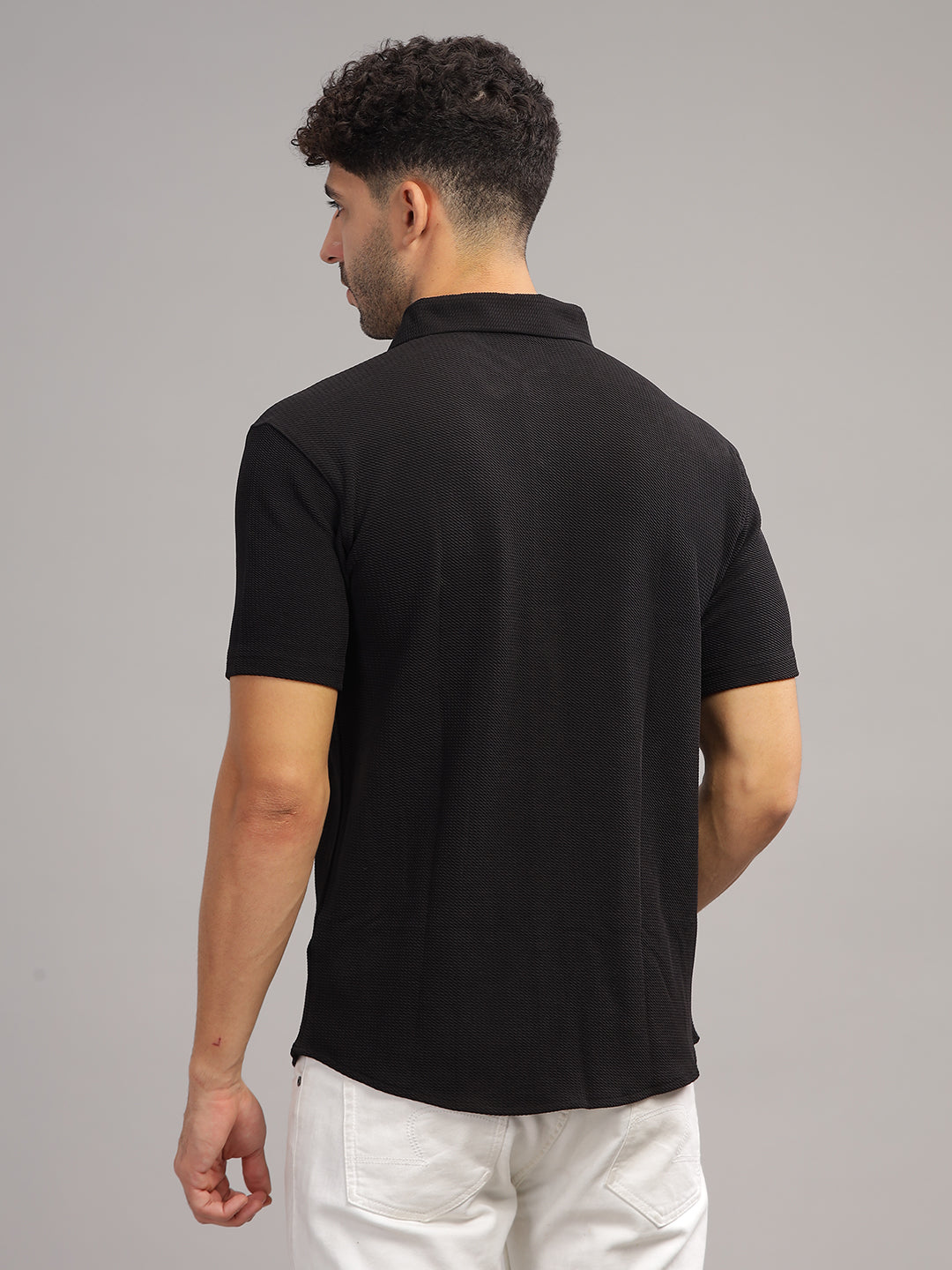 Men's Black Self Design Shirt With Collar