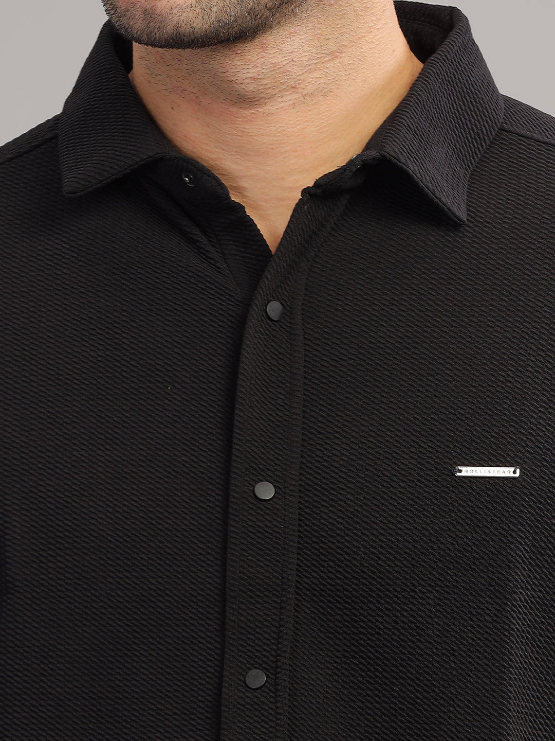 Men's Black Self Design Shirt With Collar