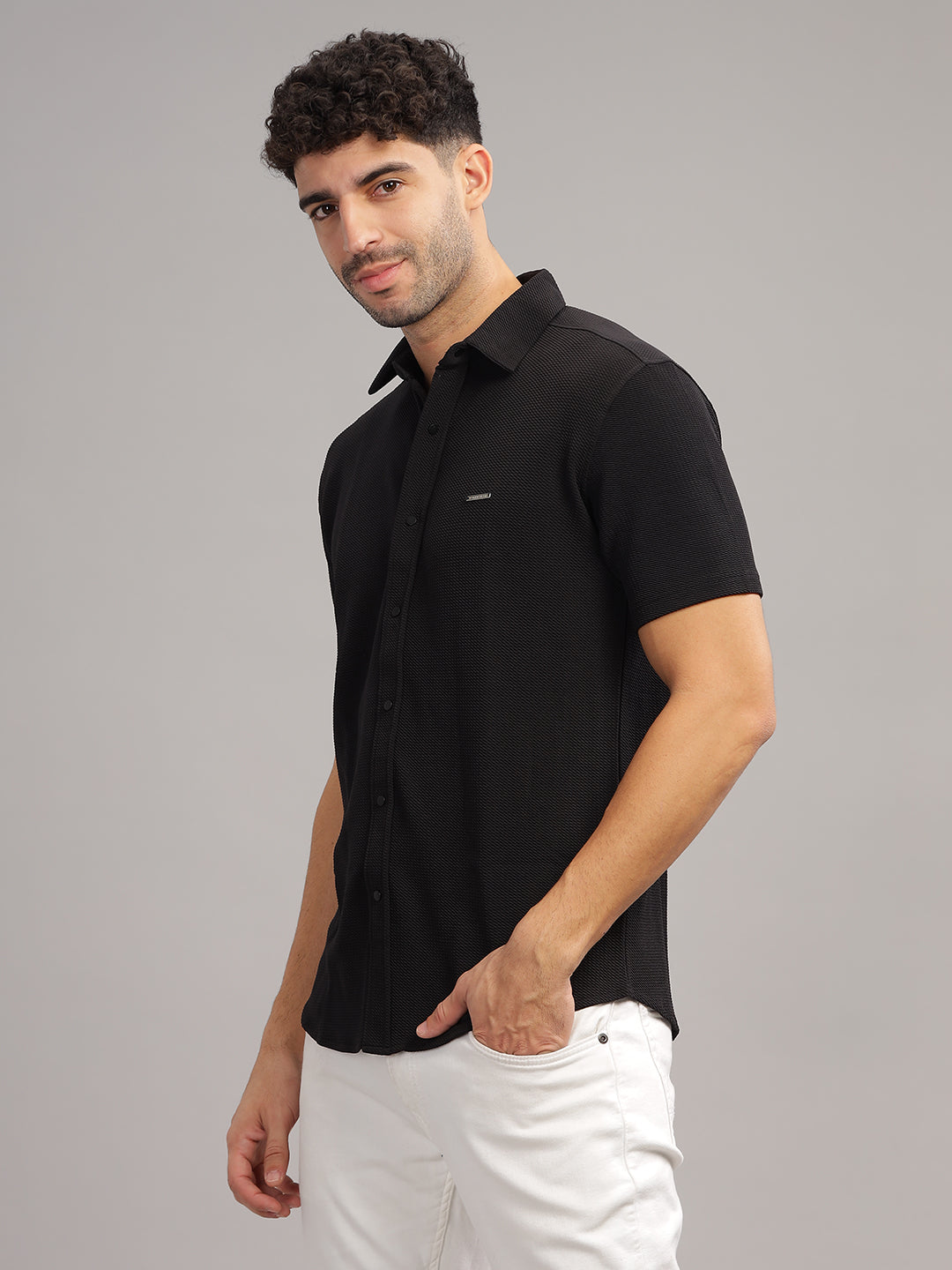 Men's Black Self Design Shirt With Collar