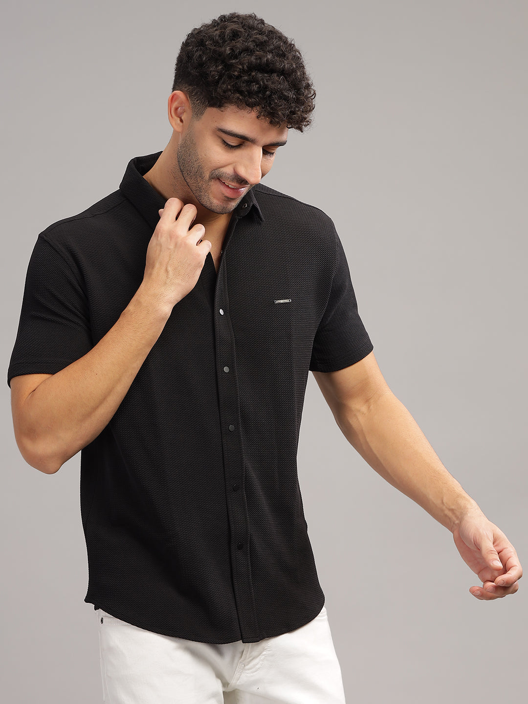 Men's Black Self Design Shirt With Collar