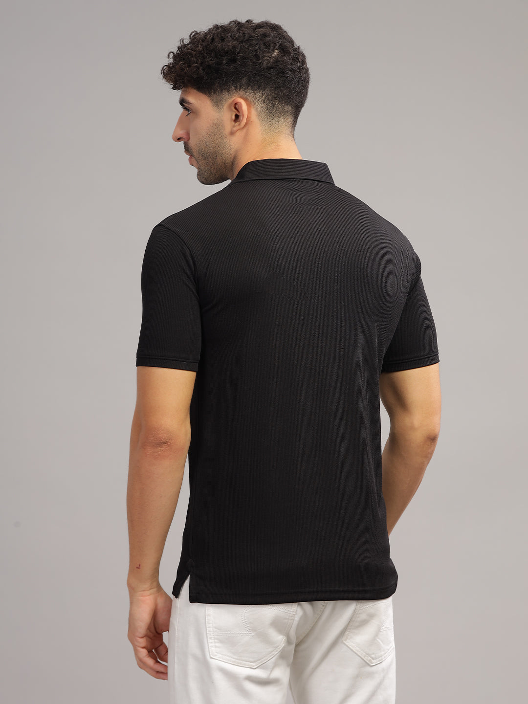 Men's Black Self Design Polo Neck T-Shirt