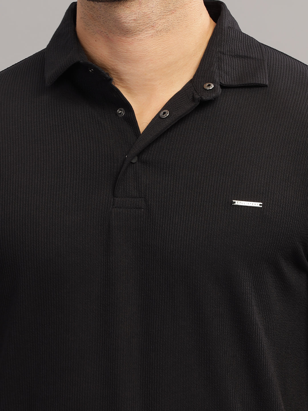 Men's Black Self Design Polo Neck T-Shirt