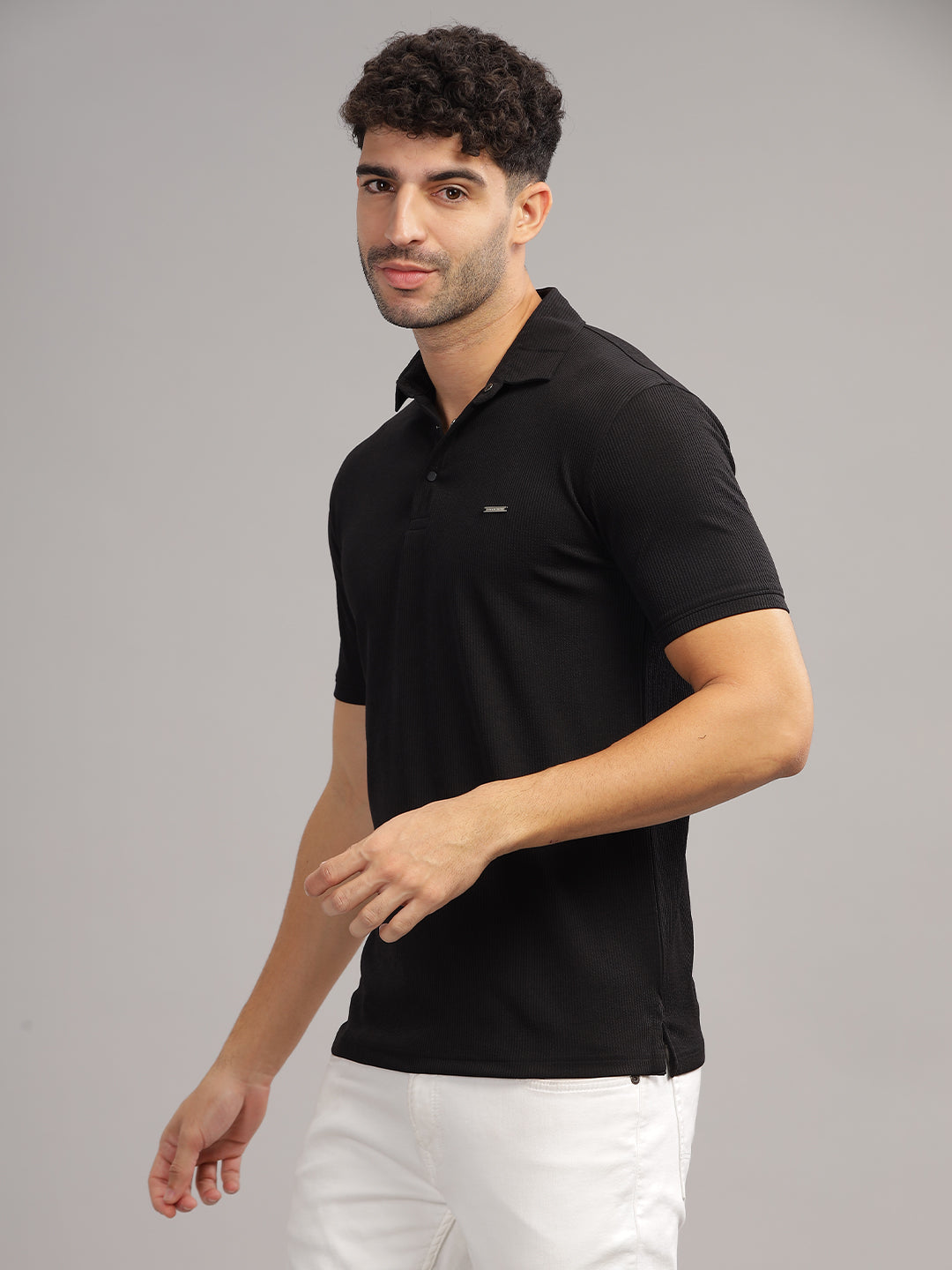 Men's Black Self Design Polo Neck T-Shirt