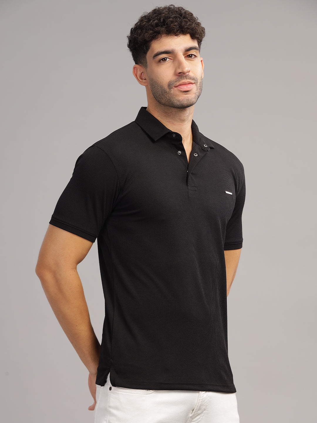Men's Black Self Design Polo Neck T-Shirt