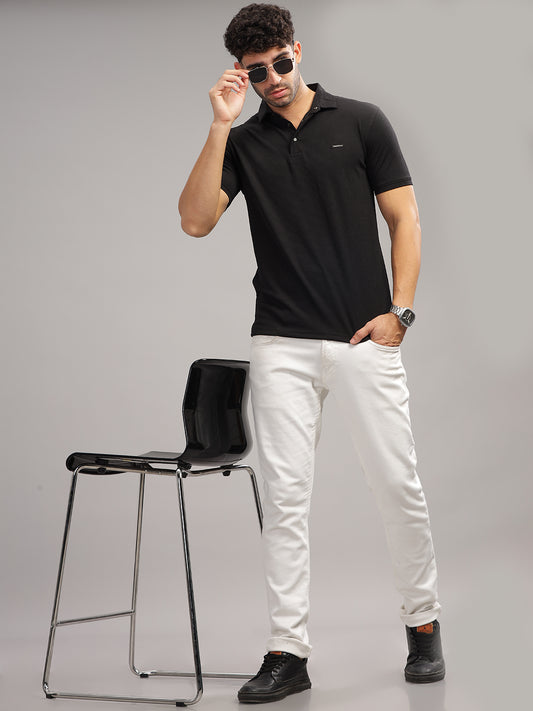 Men's Black Self Design Polo Neck T-Shirt