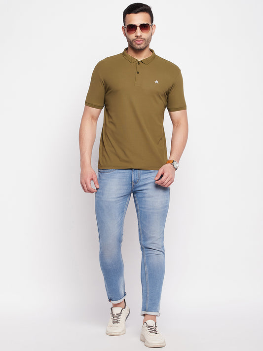 Men's Olive Printed Polo Neck T-Shirt