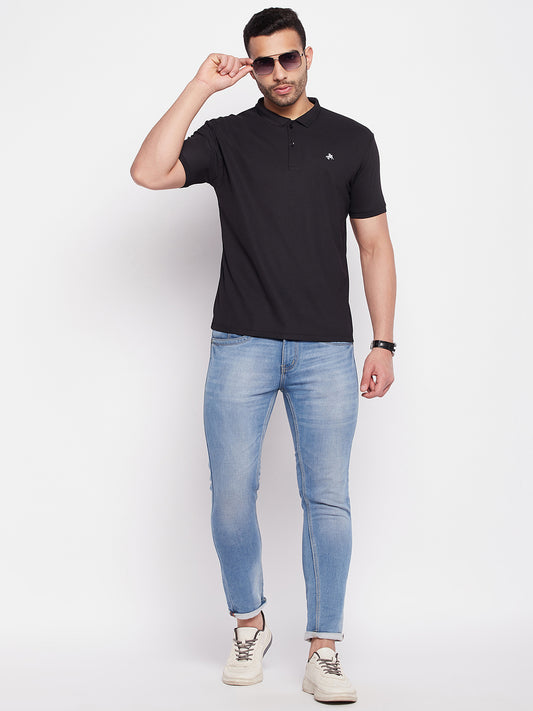 Men's Black Printed Polo Neck T-Shirt