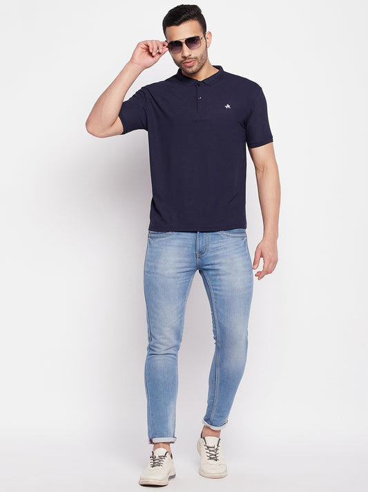 Men's Navy Printed Polo Neck T-Shirt