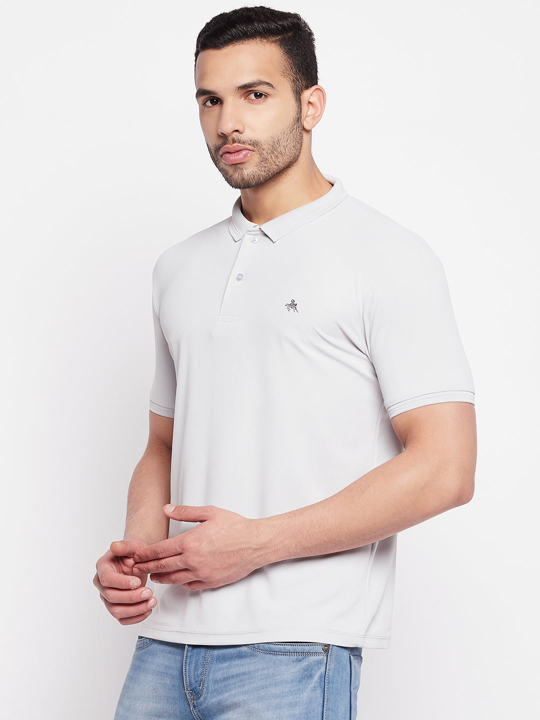 Men's Light Grey Printed Polo Neck T-Shirt