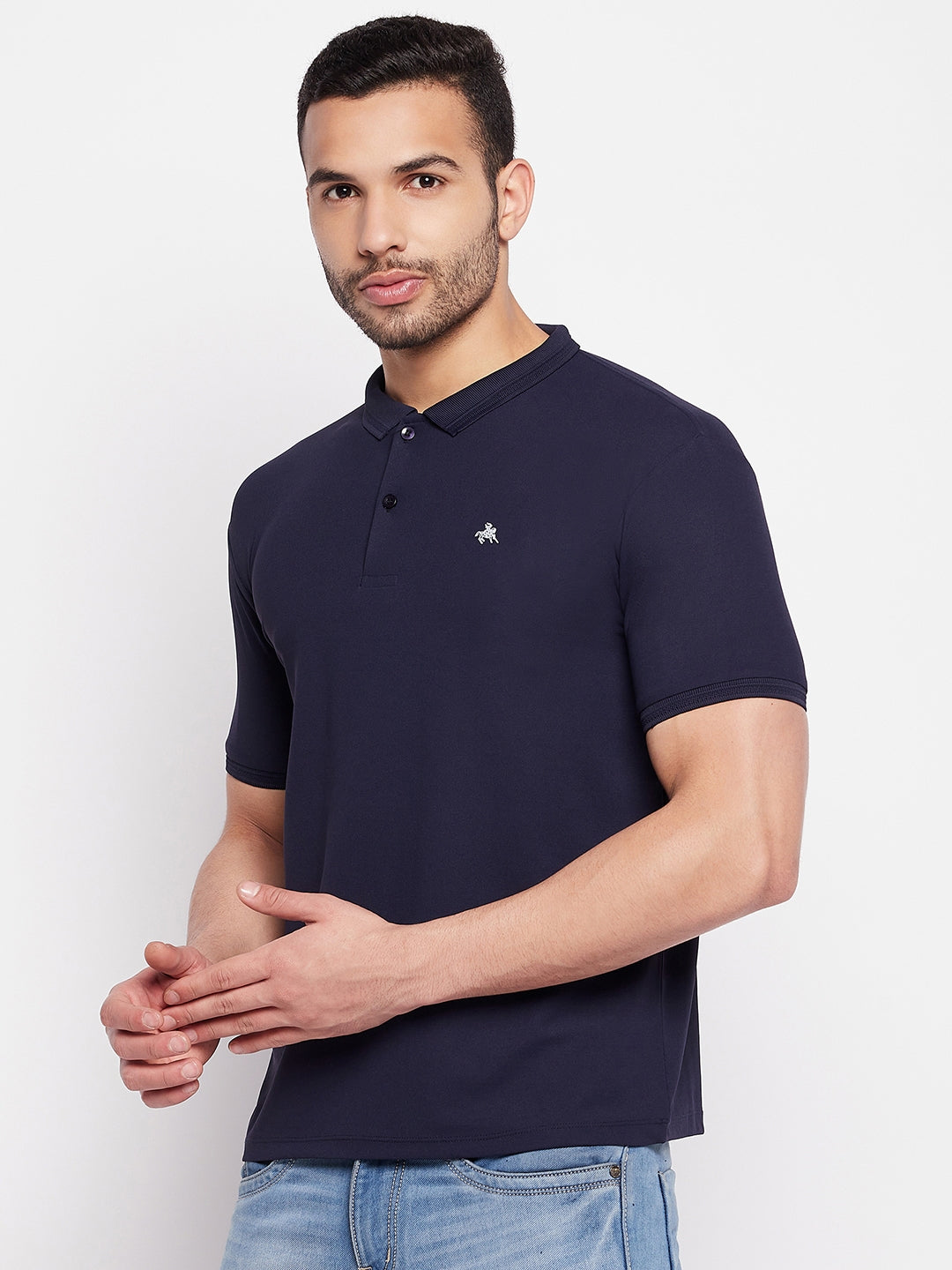 Men's Navy Printed Polo Neck T-Shirt