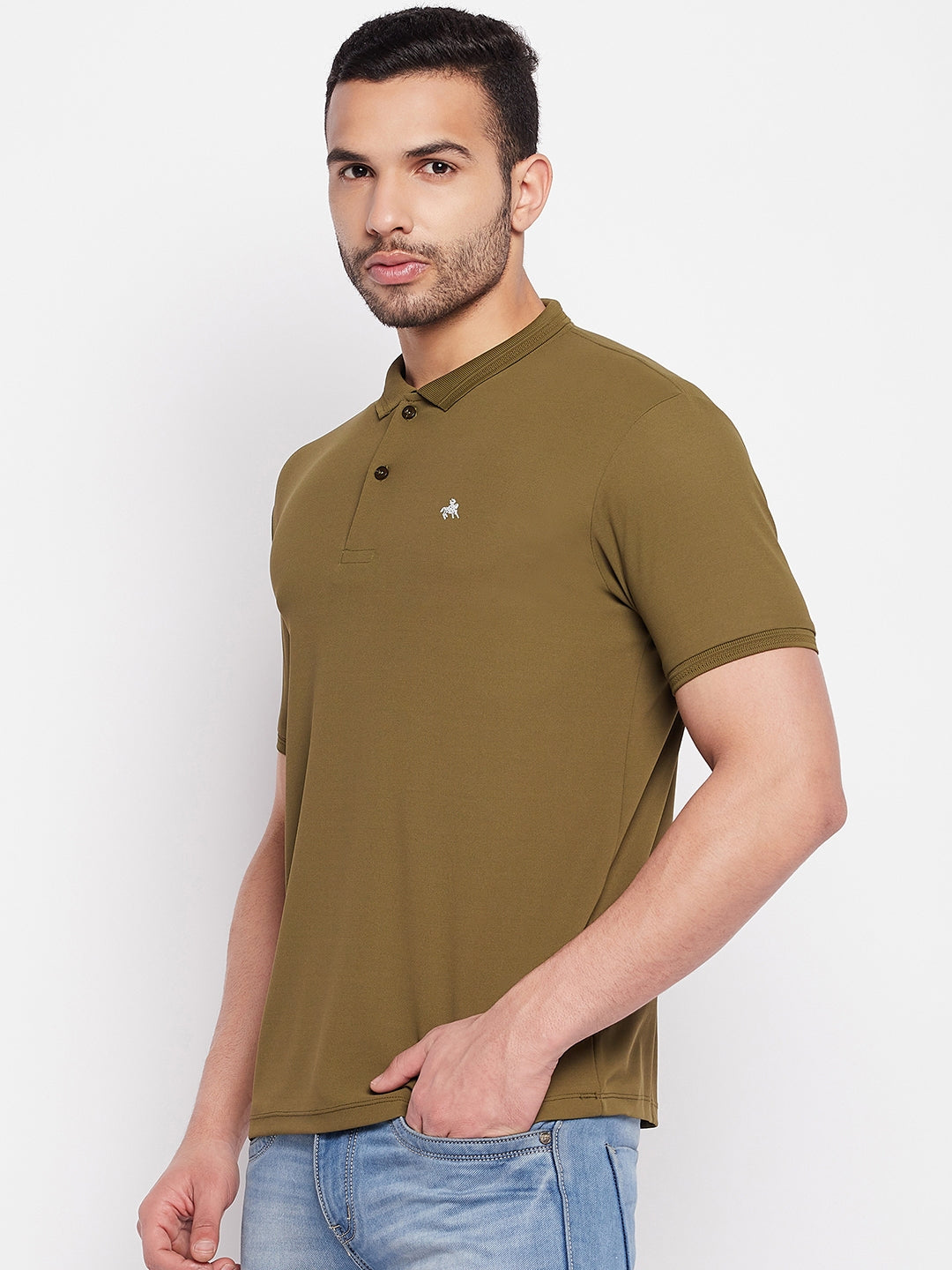 Men's Olive Printed Polo Neck T-Shirt