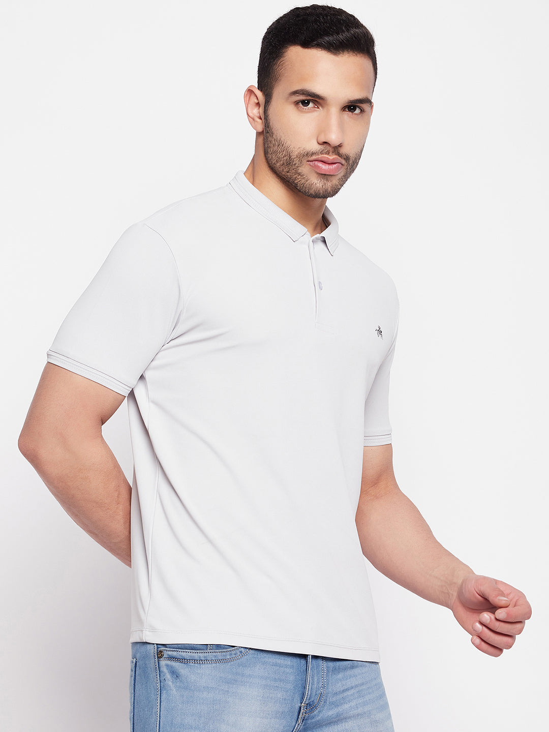Men's Light Grey Printed Polo Neck T-Shirt