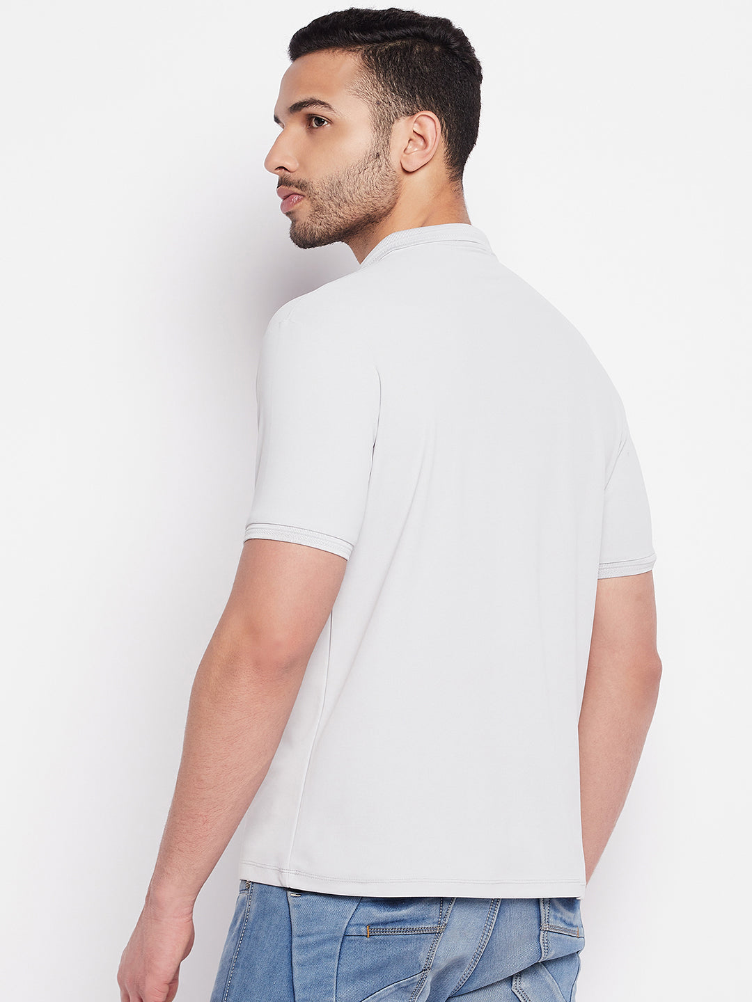 Men's Light Grey Printed Polo Neck T-Shirt