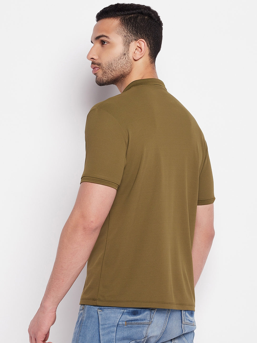 Men's Olive Printed Polo Neck T-Shirt
