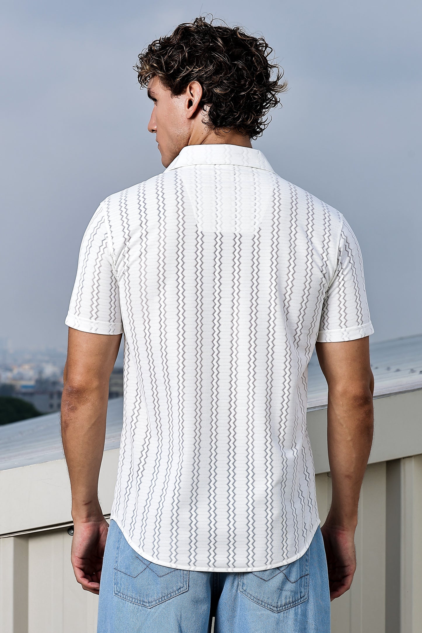 Men's White Self Design Shirt With Collar
