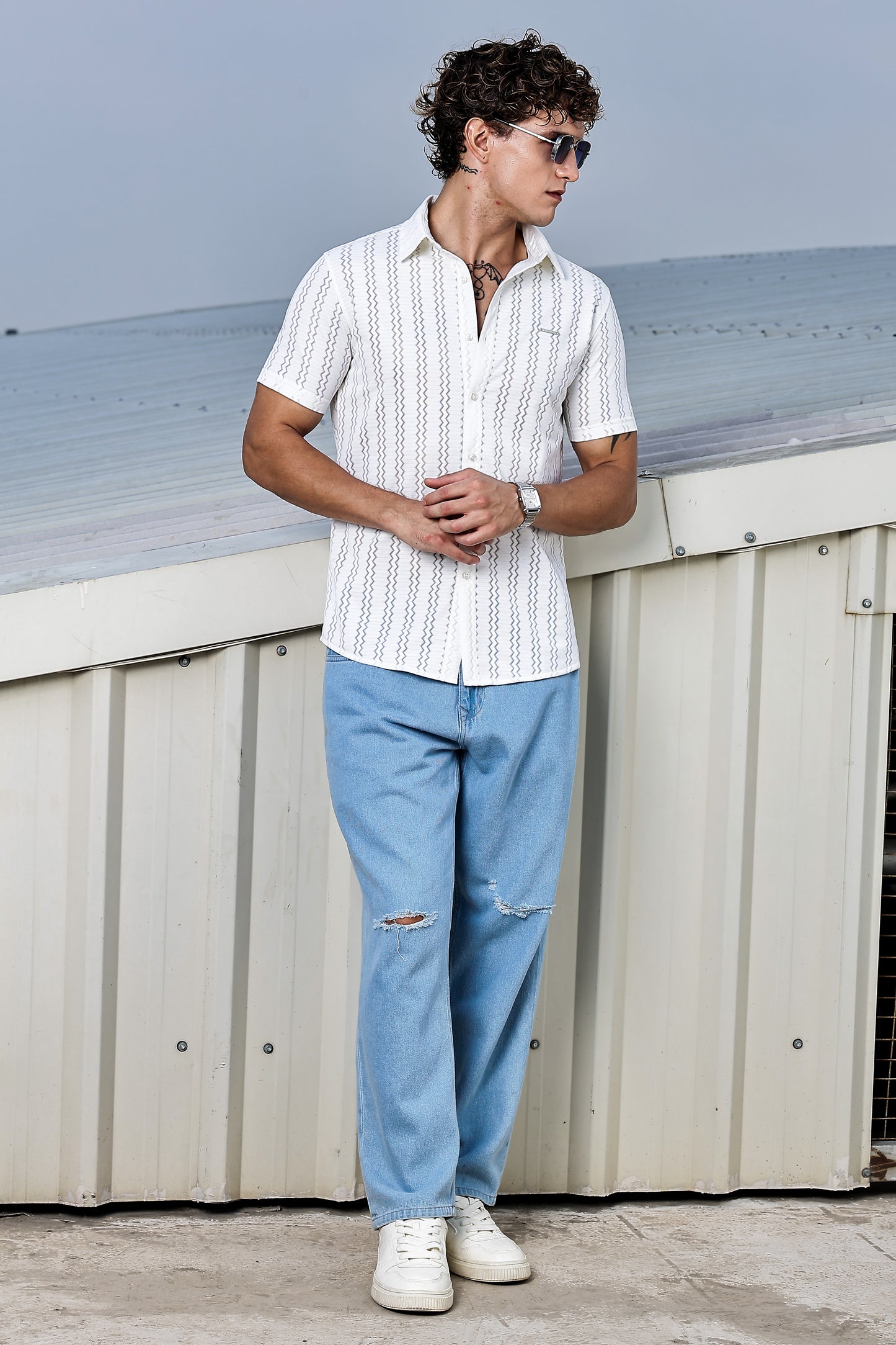 Men's White Self Design Shirt With Collar