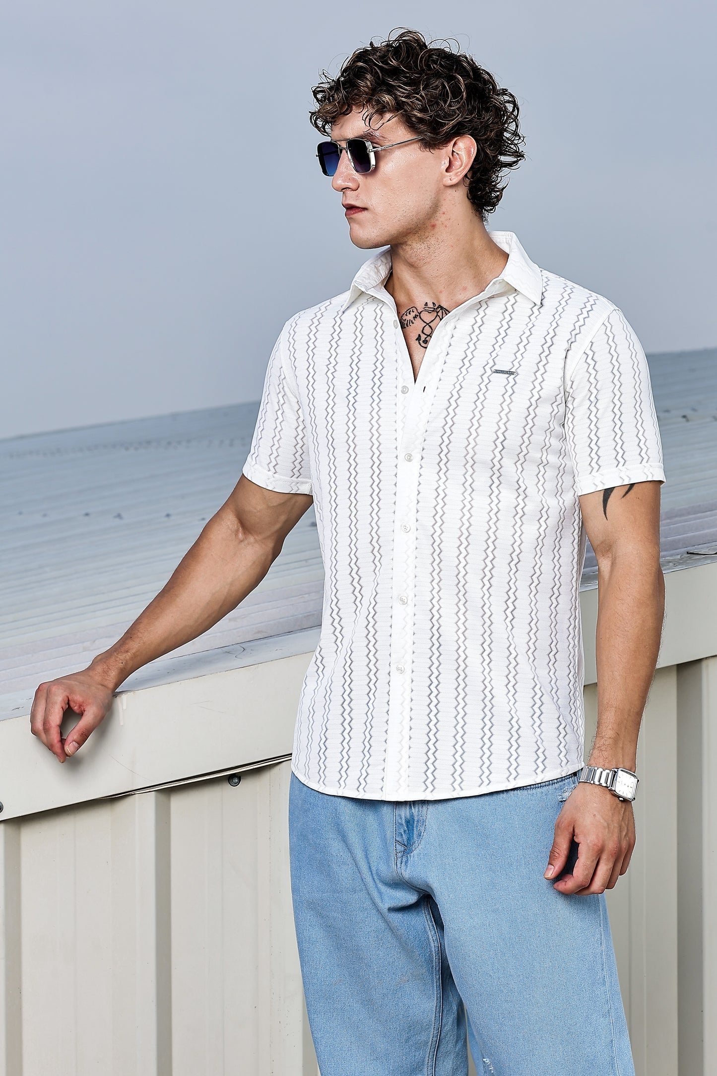 Men's White Self Design Shirt With Collar